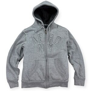 Y2K Aeropostale Jacket Men's Medium Gray Sherpa Lined Hoodie Thrashed